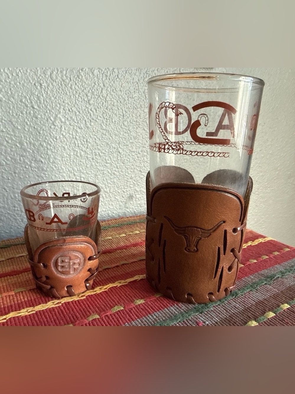 Libbey Bamco  Vtg Tumbler Shot glass Set Glass Leather Holder Western Longhorn